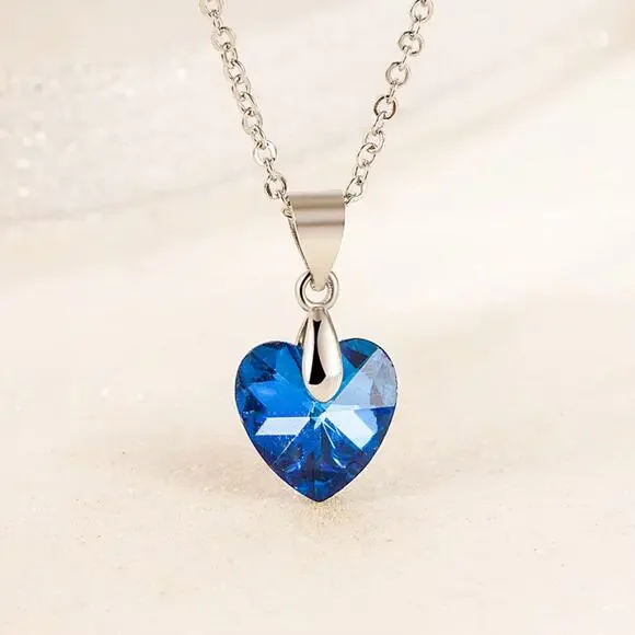 925 Sterling Silver Blue Crystal Heart Necklace & Earring Set Elegant Wedding - Picture 3 of 5